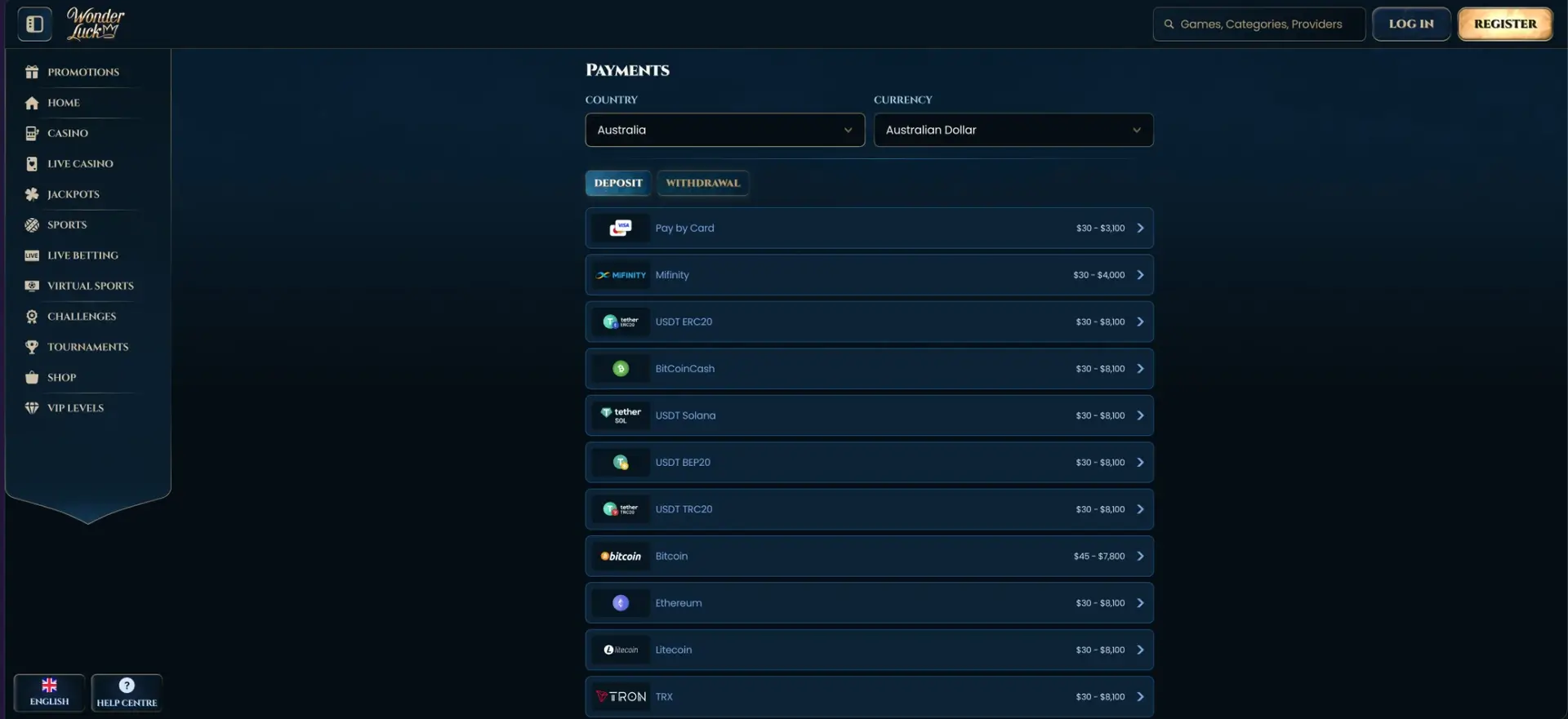 Wonderluck Payment Methods Deposit