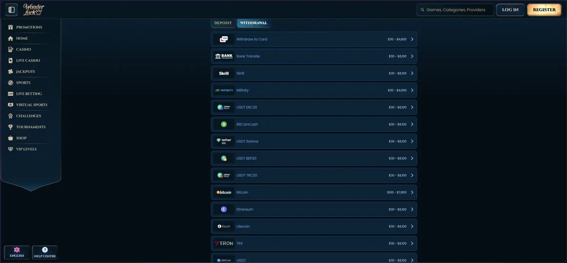 Wonderluck Payment Methods Withdrawal