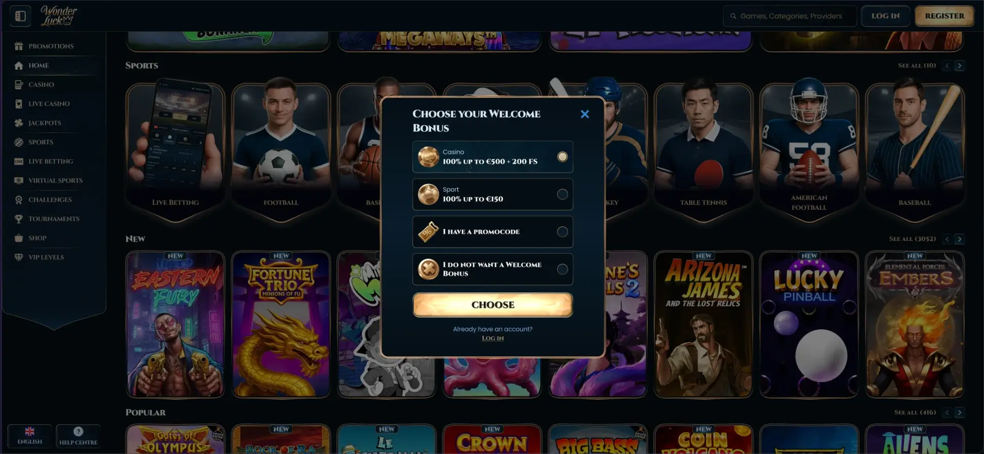Wonderluck Welcome Bonus Popup